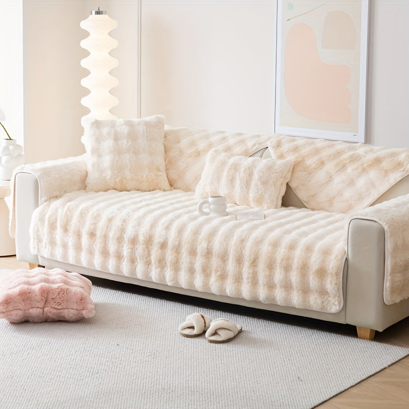 1pc Faux Rabbit Plush Sofa Cover, Winter Warm Thickened Plush Soft Sofa Cover, Pet Favorite, Dog Friendly Sofa Cover, Cushion Protection Cover, Anti Slip Sofa Furniture Protection Cover, Bedroom, Office, And Living Room Decoration Local Warehouse