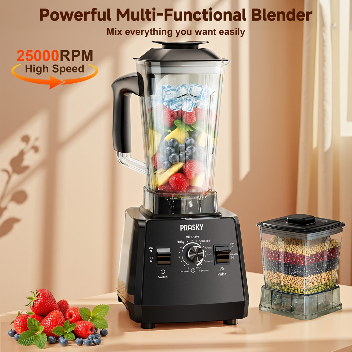 Professional Food Processor Blender, Smoothies Blender, Max.2400W Sorbet Blender And Grinder Combo 25000RPM Powerful Blenders Kitchen 68Oz 2 Containers Countertop Blenders Ice, Grinding, Milk Shake, Ice Slushie, Juice, Shake