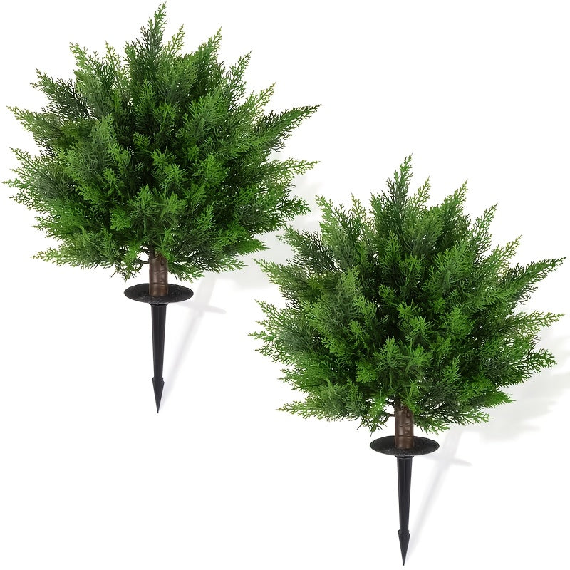 2 Pack Artificial Plants for Outdoor Front Porch Decor, Artificial Lavender Topiary Ball Trees with Ground Spike, UV Resistant Faux Cedar Shrubs Evergreen Plants for Indoor Outdoor Front Porch Garden Backyard Decor