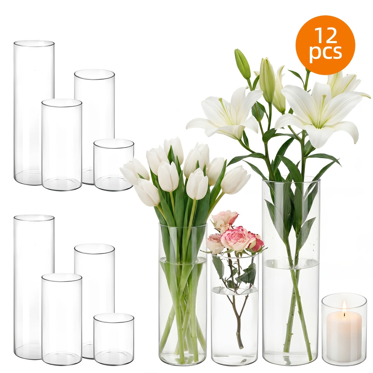 TOMNK 12/24pcs Glass Cylinder Vase 4, 6.8, 9, 12 Inch Glass Candle Holder Clear Vases for Centerpieces Tall Flower Vase for Wedding Home Decor Party 4 Different Sizes, Suitable for DIY Candle Making