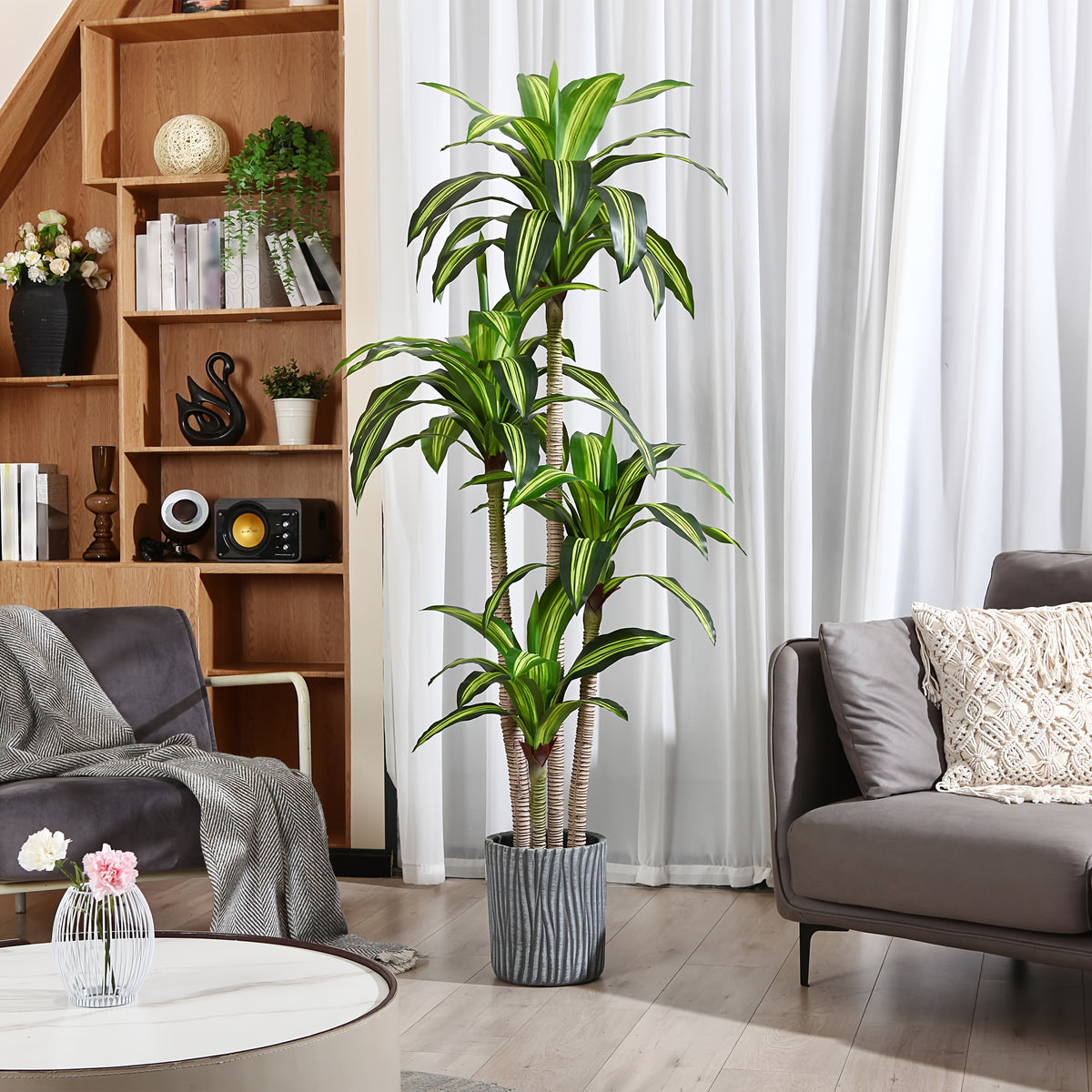 4ft/5ft/6ft Artificial Dracaena Tree in Pot - Realistic Faux Plastic Tropical Floor Plant with Easy Assembly, All-Season Indoor/Outdoor Decor for Home Office Living Room Porch, Housewarming Gift (Includes Container), Best for Christmas, Perfect for Thanks