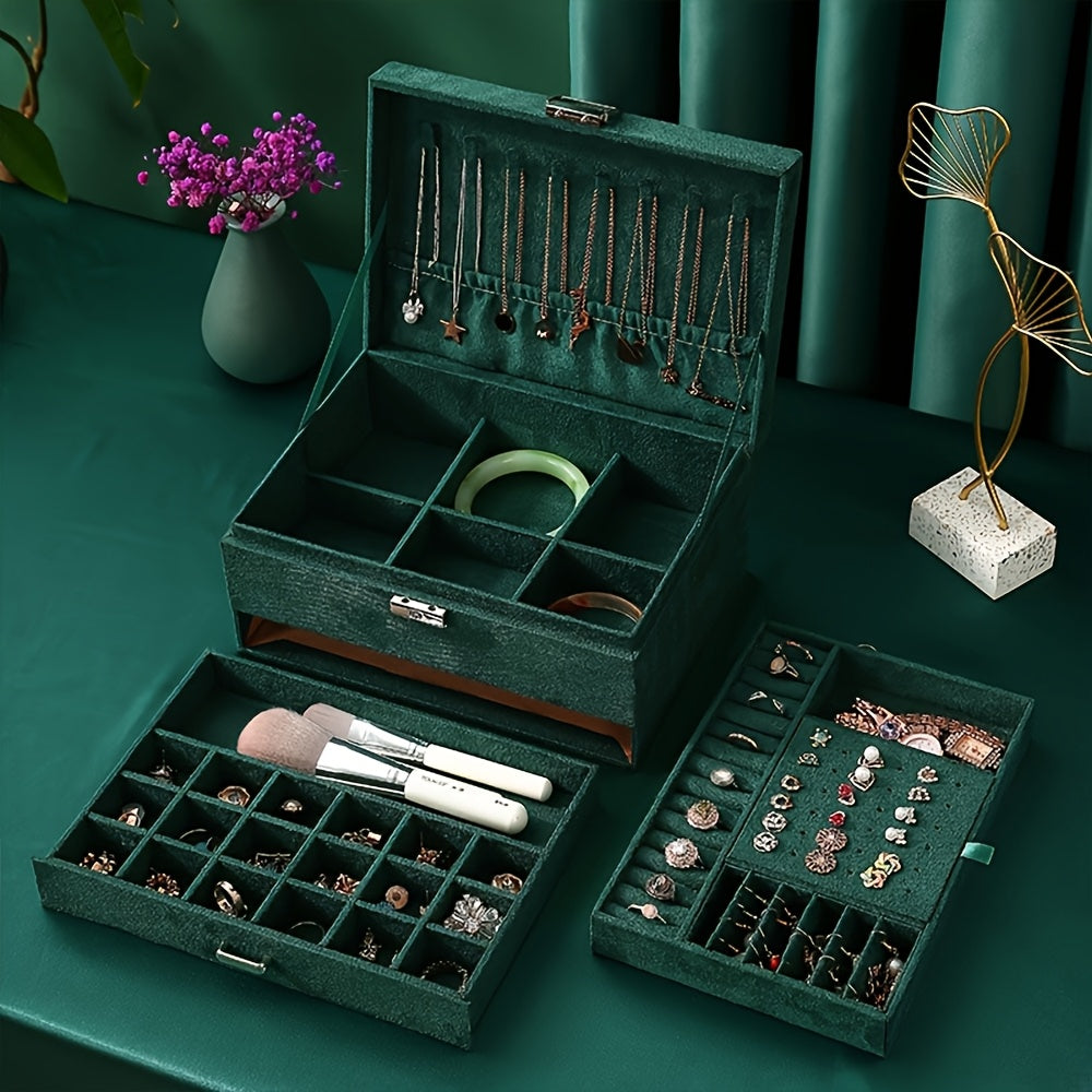 Luxury Velvet Jewelry Organizer Box with Drawers, High-End Jewelry Storage Case, Large Capacity, for Earrings, Rings, Necklaces, Bracelets, Travel Jewelry Organizer Box, Jewelry Boxes