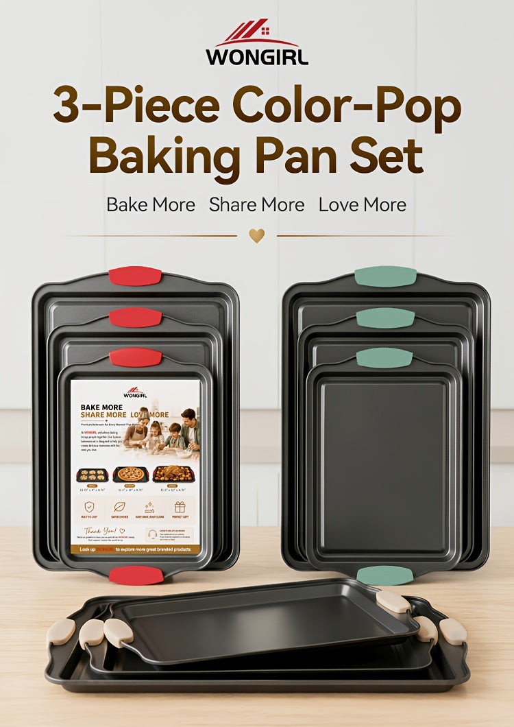 3pcs Nonstick Carbon Steel Oven Baking Pans Set With Detachable Silicone Handles, Premium Non-Stick Steel Bakeware Set, Commercial Grade Restaurant Quality Rimmed Sheets, Easy-Clean Baking Trays For Cookies, Pizza, Cake & Home Kitchen Use