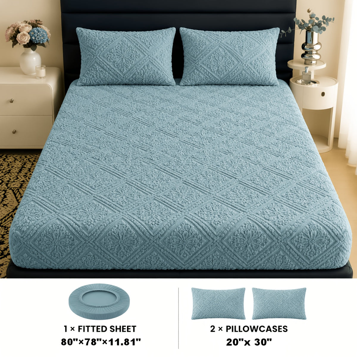Embossed Fitted Sheet with Optional Pillowcases, Soft Deep Pocket Machine Washable Bedding in White, Gray, Khaki, Blue and Green for Twin Full Queen King