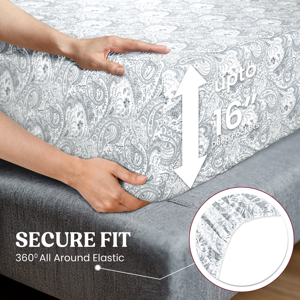 Paisley Microfiber Sheet Set, Soft 100% Polyester Bedding with 16-Inch Deep Pocket Fitted Sheet, Flat Sheet and Pillowcases in Six Bed Sizes
