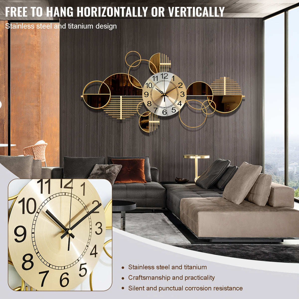 1pc Metal Wall Clock, Rectangle Silent Wall Art Clock for Living Room Bedroom, Modern Decorative Wall Clock with Arched Crown, No-Ticking, 34 x 17 Inch