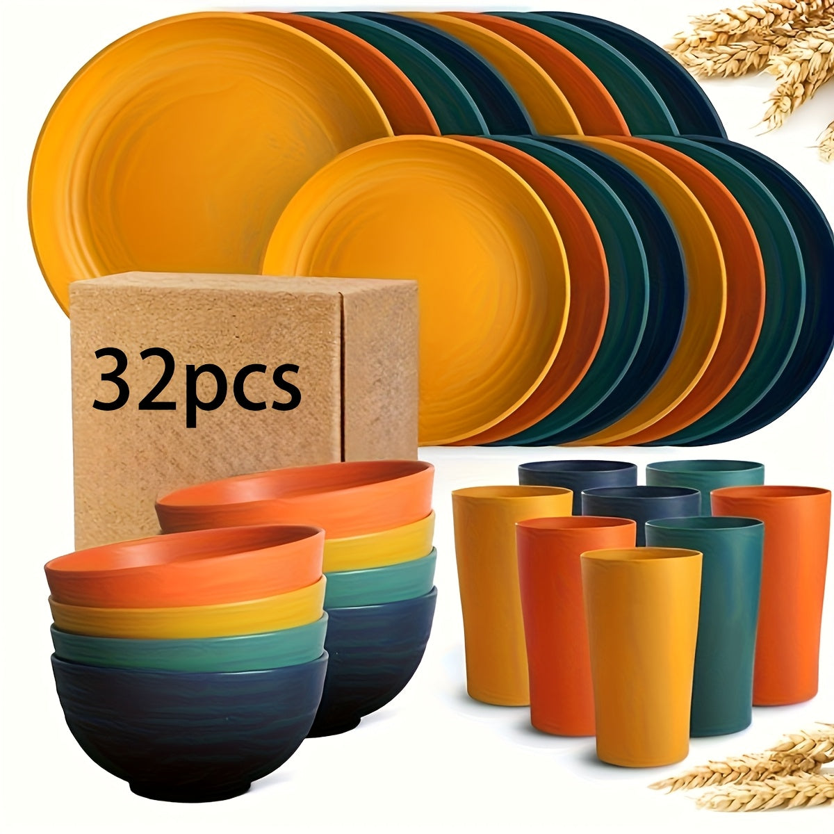32/16pcs Dinnerware Set Made from Wheat Straw, Designed for 8 Or 4 People, Includes Kitchen Additions, Unbreakable Modern Plates, Dessert Plates, Bowls, And Cups. Safe for Dishwasher And Microwave, Lightweight for Camping And Daily Use