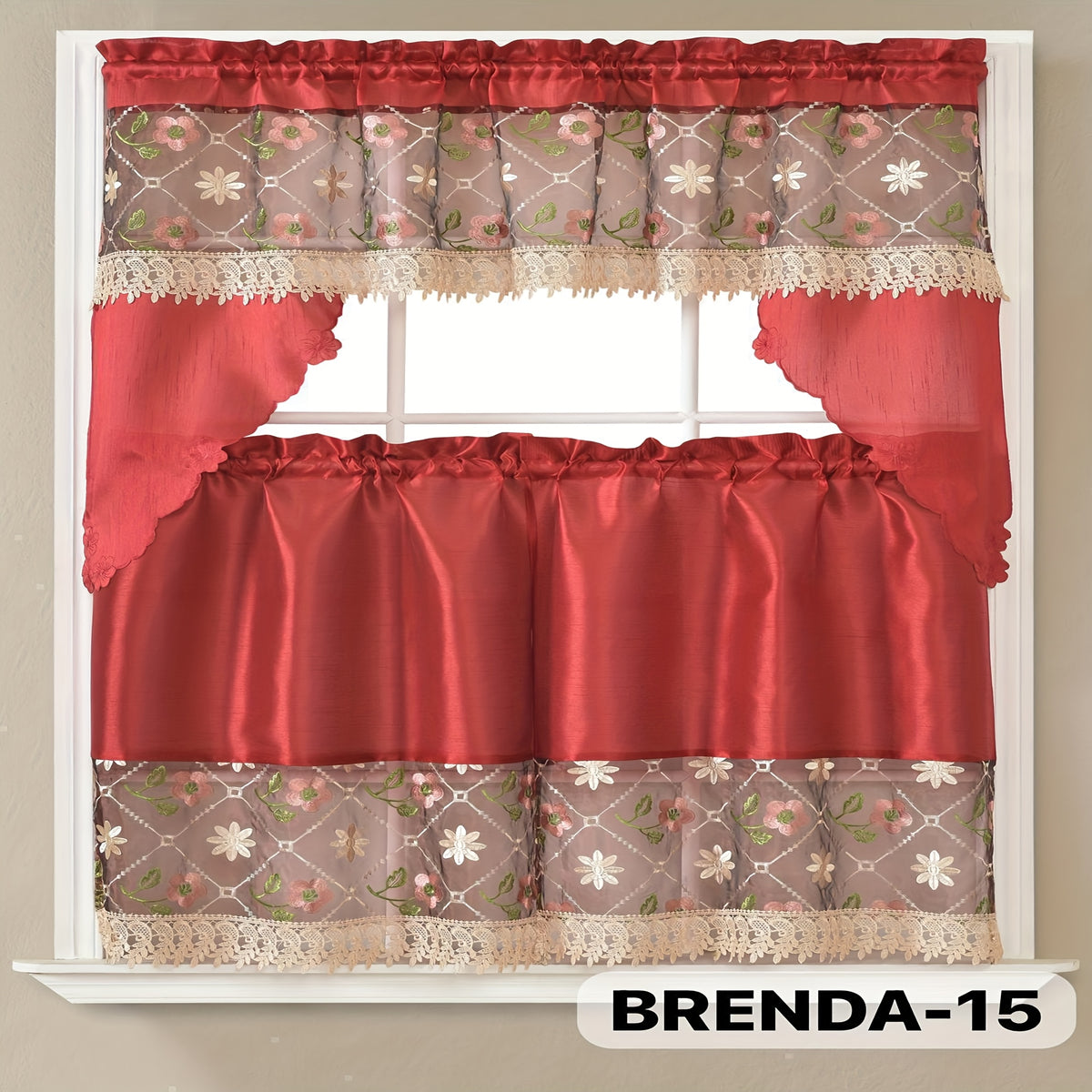 3pcs Bamboo Embroidered Kitchen Curtain Set, Floral Embroidery, Lightweight and Soft, Easy Care, Machine Washable, Satin Fabric, Embroidered