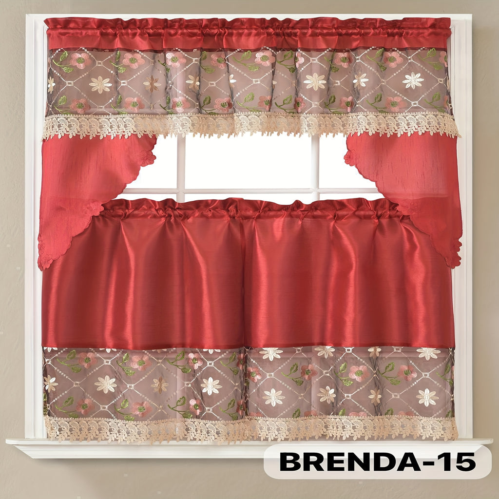 3pcs Bamboo Embroidered Kitchen Curtain Set, Floral Embroidery, Lightweight and Soft, Easy Care, Machine Washable, Satin Fabric, Embroidered