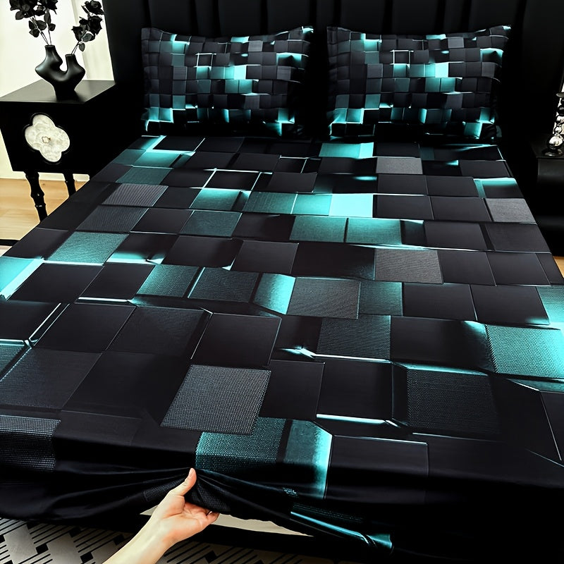 2D Flat 3pcs Cool Technology Digital Printing Material Plaid Fitted Sheet(1pc Bed Sheet+2pcs Pillowcase No Filling) Deep Pocket In 15 Inch, At Home Dormitory Suitable for All Seasons Mattress Protector