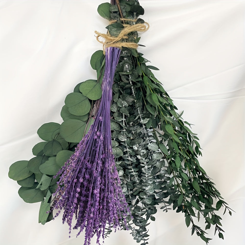 60+ Pcs Dried Preserved Eucalyptus Stems & Purple Lavender Flowers for Shower, 17'' Hanging Silver Dollar Eucalyptus Leaves Stems, Fragrance Home Bathroom Decor