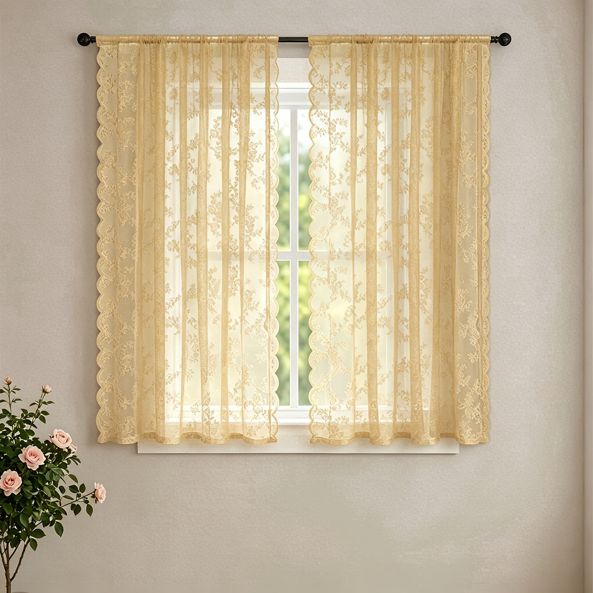 Set of Two White Lace Curtains with Floral Designs, Featuring a Bohemian Style And Semi-Transparent Fabric That Filters Sunlight. Suitable for All Seasons
