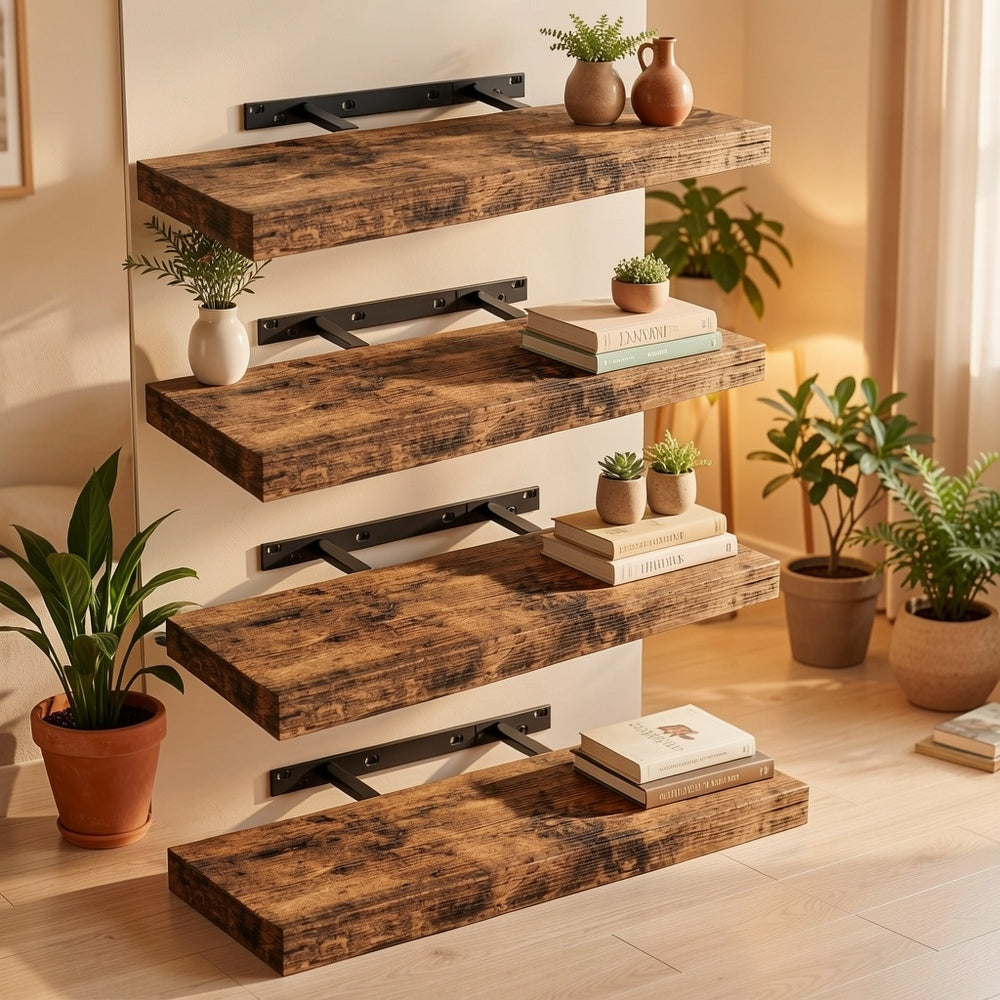 2026 Wall-Mounted Storage Shelf Set of 4, Designed for Walls, Sturdy Storage Solution, Rustic Wooden Wall Shelf for Room Decor, Closet, Bathroom Storage, And Additions, Available in Black, Gray, White, And Brown, Durable Wall Shelf