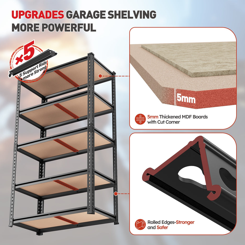 2000LBS Garage Shelving Storage Shelves Heavy Duty Shelving 5 Tier Metal Shelving Units For Garage Shelves 72"H X35.5"W X 15.8"D, Adjustable Metal Shelving Unit For Garage Shelves Utility Rack Shelf For Basement Pantry Closet Shelves, Black, Utility Shelv