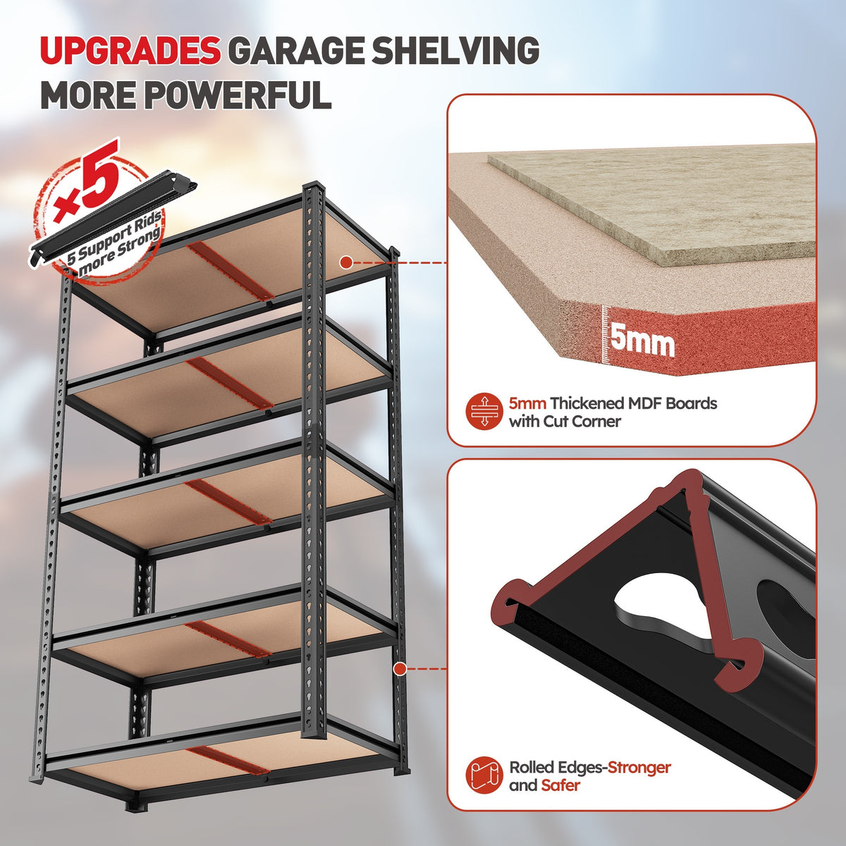 2000LBS Garage Shelving Storage Shelves Heavy Duty Shelving 5 Tier Metal Shelving Units For Garage Shelves 72"H X35.5"W X 15.8"D, Adjustable Metal Shelving Unit For Garage Shelves Utility Rack Shelf For Basement Pantry Closet Shelves, Black, Utility Shelv