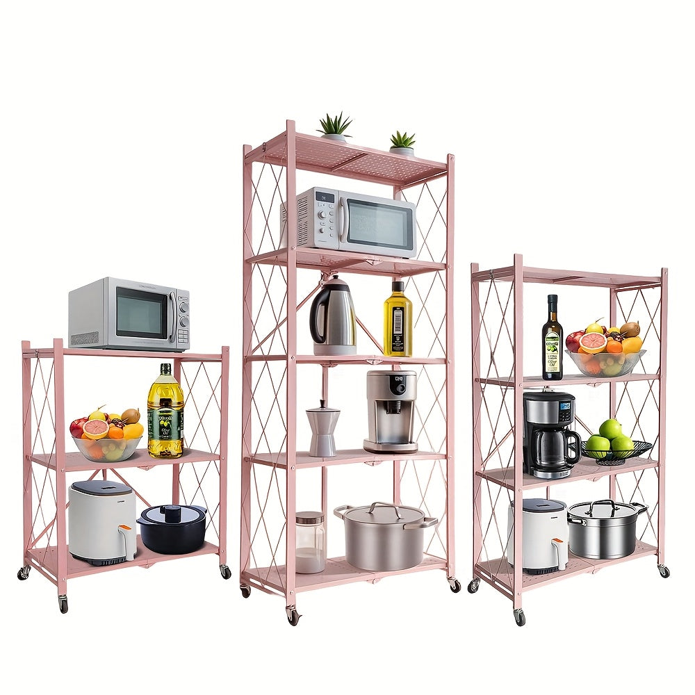 3/4/5- Tier Movable Vertical Multi-Functional Storage Racks, Portable Metal Folding Storage Racks with Locking Wheels, Large - Capacity Kitchenware Storage Racks That Require No Installation. Suitable for Families, College Dormitories