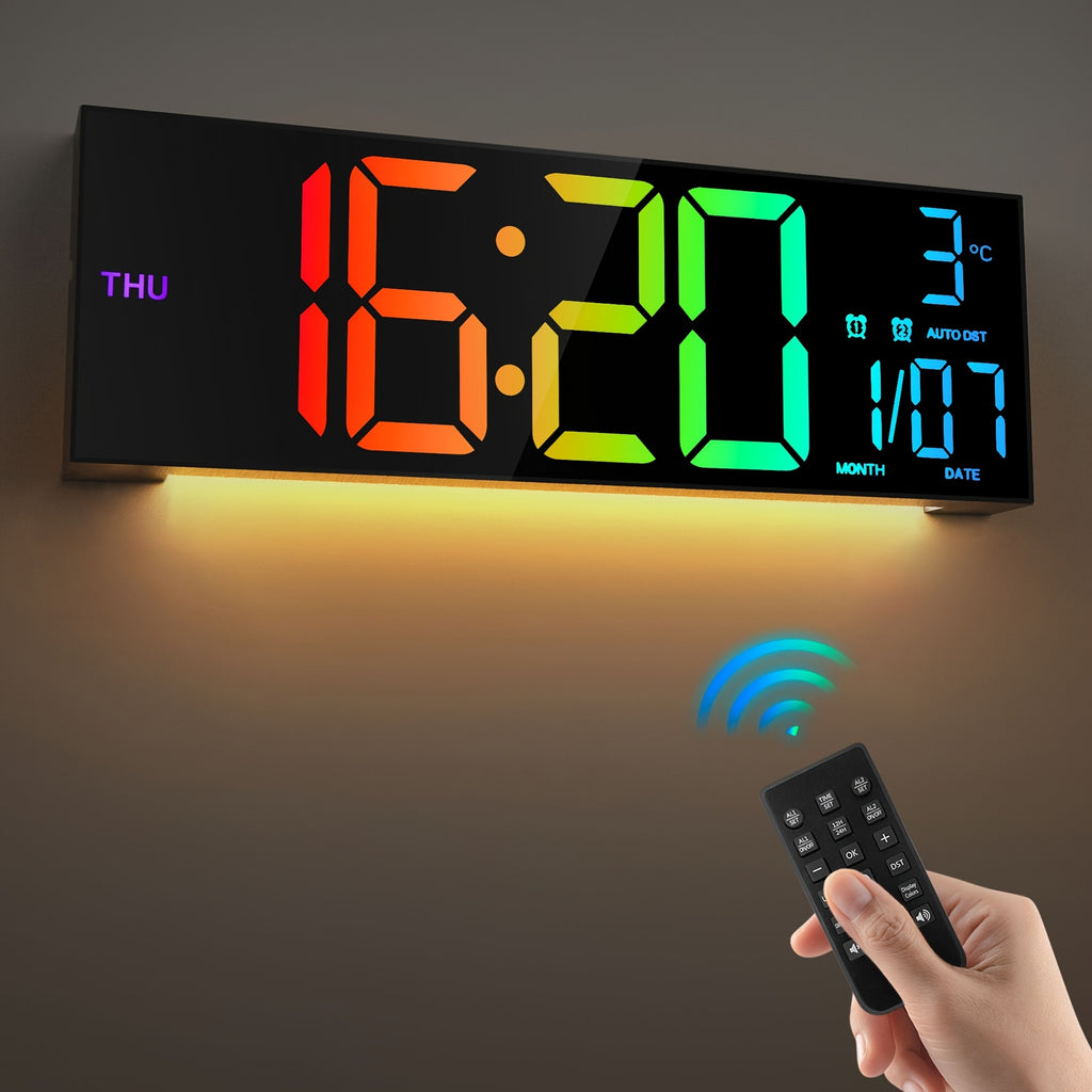 16.5'' Large Digital Wall Clock with Remote Control, Big LED/2 Alarms/8 RGB/Auto Brightness/Date/Auto DST/Temperature/Ambient Light/Dimming/Timer, Gym Clocks for Living Room, Bedroom, Office, Kitchen Home Decor, Easter Decorations, Mother's Day Gifts
