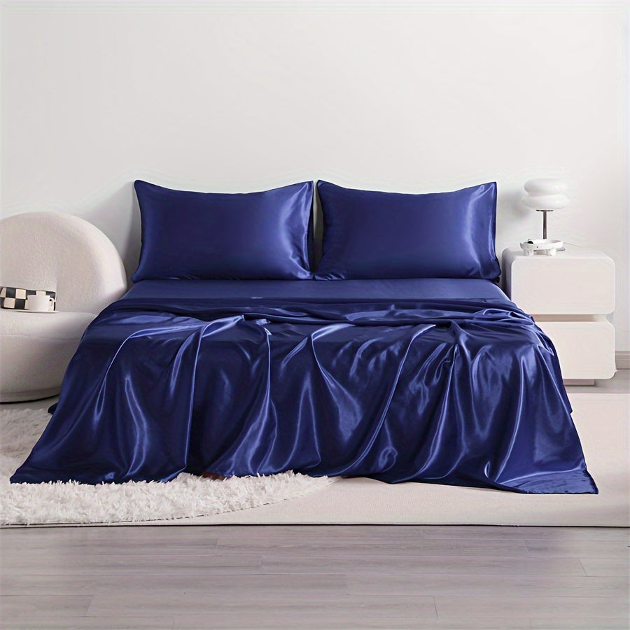 4pcs Cooling Satin Bed Sheet Set, Shrink-Resistant, Fade-Resistant, Hypoallergenic, Breathable,Flat Sheet & Fitted Sheet & Pillowcase Set with Deep Pocket, 300 Gsm