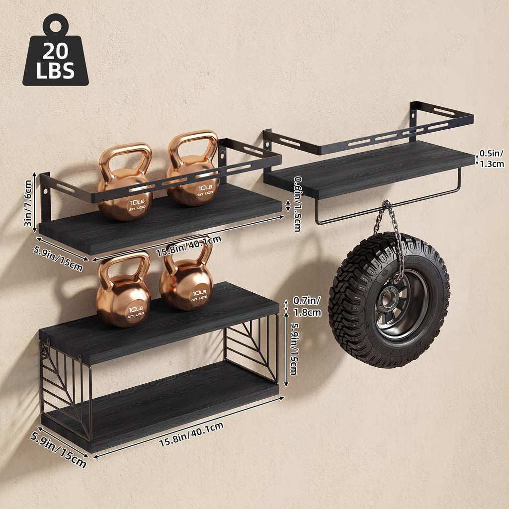 TOMNK 3+1 Tier Wall-Mounted Shelf with Black Metal Guardrails and Storage Baskets, Sturdy and Durable, Space-Saving, Multi-Functional Home Decor, Suitable for Kitchen, Bathroom, Bedroom, Living Room, Small Indoor Spaces, Wall Decoration