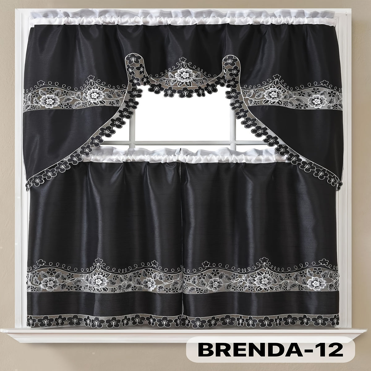 3pcs Bamboo Embroidered Kitchen Curtain Set, Floral Embroidery, Lightweight and Soft, Easy Care, Machine Washable, Satin Fabric, Embroidered