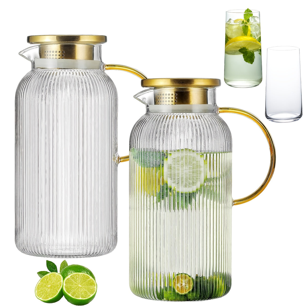 FBL&HM 2/4 PACK Glass Pitcher With 304 Stainless Steel Lid, 68 Oz/ 2 Liter Classic Vertical Stripes Water Pitcher, Glass Water Carafe For Cold Brew, Coffee, Lemonade, Iced Sun Tea, Beverage, Milk, Heat Resistant
