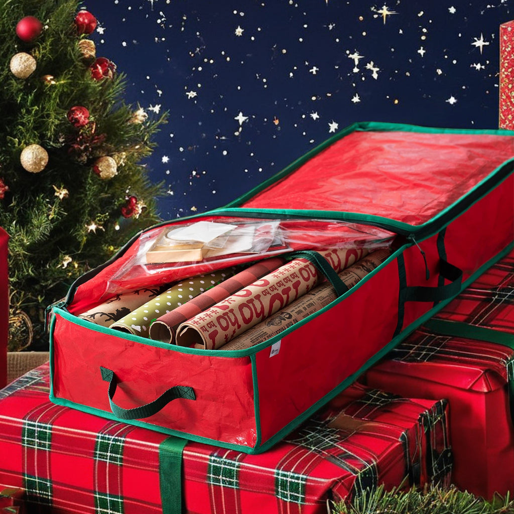 Wrapping Paper Storage Bag, 40 Inch Plastic Underbed Holiday Organizer with Interior Pockets and Zipper Closure in Red or Green for Seasonal Supplies