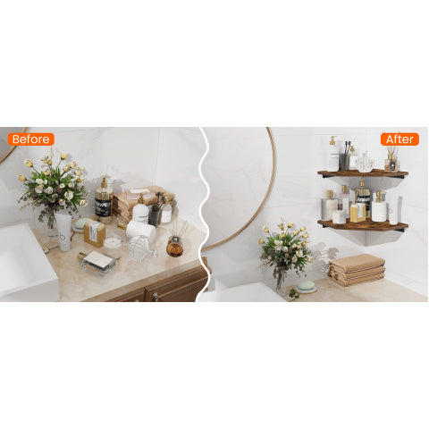 4pcs Solid Wood Corner Shelf Set - Rustic Brown Wall-Mounted Cable Management Shelves with Wire Hole Design & Hidden Wiring for Bathroom, Bedroom, - Space-Saving Corner Shelves Suitable for Cable Boxes & Storage Organization