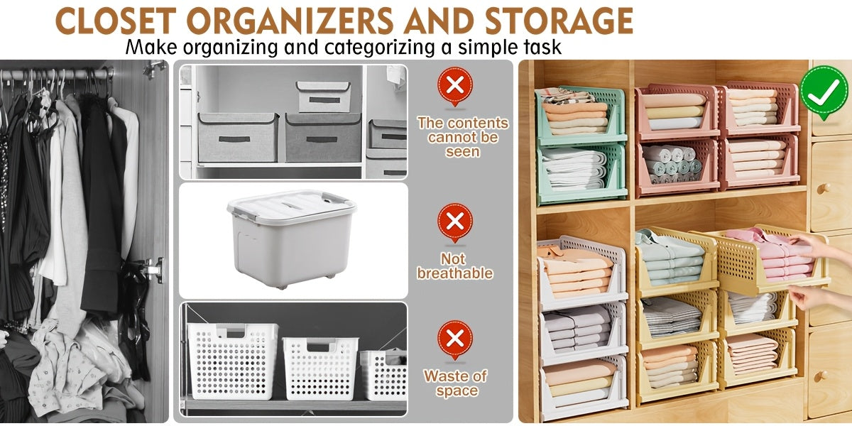 3pcs Stackable Closet Storage Basket, Multifunctional & Foldable Closet Organizer for Bathroom, Kitchen, Laundry Room, And Wardrobe Storage, Space-Saving Clothes Storage Drawer Organizer, Under-Bed Storage, Mounted Closet Systems