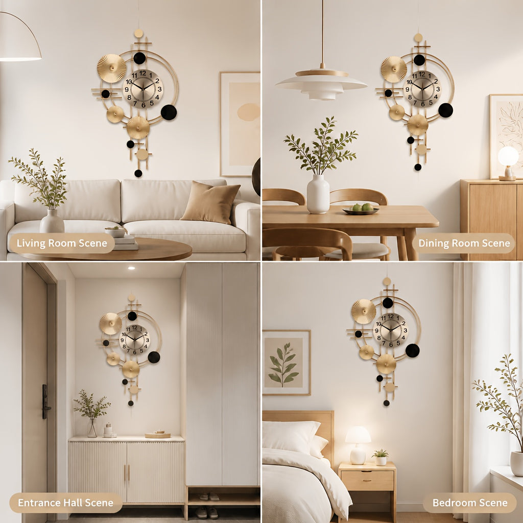 Nordic Decorative Wall Clock, Gold and Black Metal Geometric Wall Art with Analog Numbered Dial and Silent Design for Living Room and Bedroom