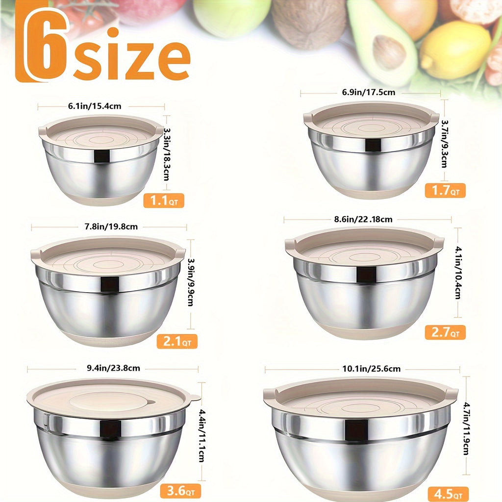 26pcs Stainless Steel Mixing Bowl Set With Sealed Lid And Anti Slip Silicone Bottom, 6 Bowls 4.5, 3.6, 2.7, 2.1, 1.7, 1.1QT Sizes+kitchen Tools, Suitable For Baking, Salad Making, Mixing, Kitchen Tidying, Christmas, Father'S Gifts, Gifts For Men