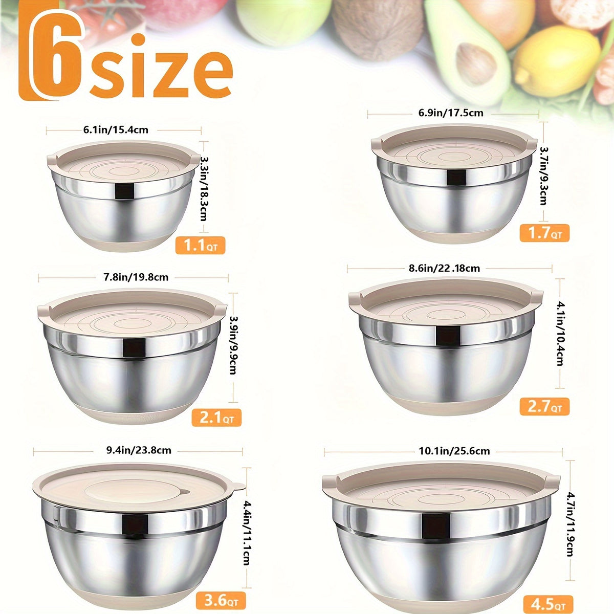 26pcs Stainless Steel Mixing Bowl Set With Sealed Lid And Anti Slip Silicone Bottom, 6 Bowls 4.5, 3.6, 2.7, 2.1, 1.7, 1.1QT Sizes+kitchen Tools, Suitable For Baking, Salad Making, Mixing, Kitchen Tidying, Christmas, Father'S Gifts, Gifts For Men