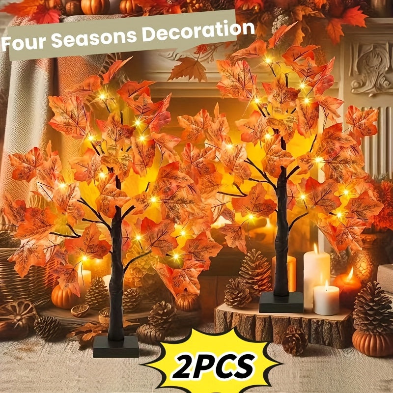2pcs Thanksgiving & Autumn Table Lamps, 21.26 Inch Tree Lights Decorated with Fall Maple Leaves, Artificial Decor Trees with 24 Battery-Powered LEDs, Ideal for Indoor Spaces, Home Rooms, Balconies, Holiday Events And Halloween Parties