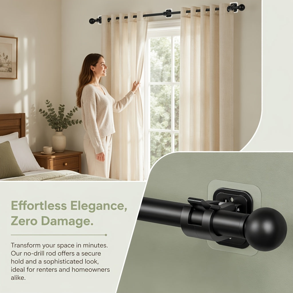 Curtain Rods No Drilling For Windows, 5/8 Inch Diameter Drapey Pole With No Drill Curtain Rod Brackets (2pcs, Black, 30 To 45")
