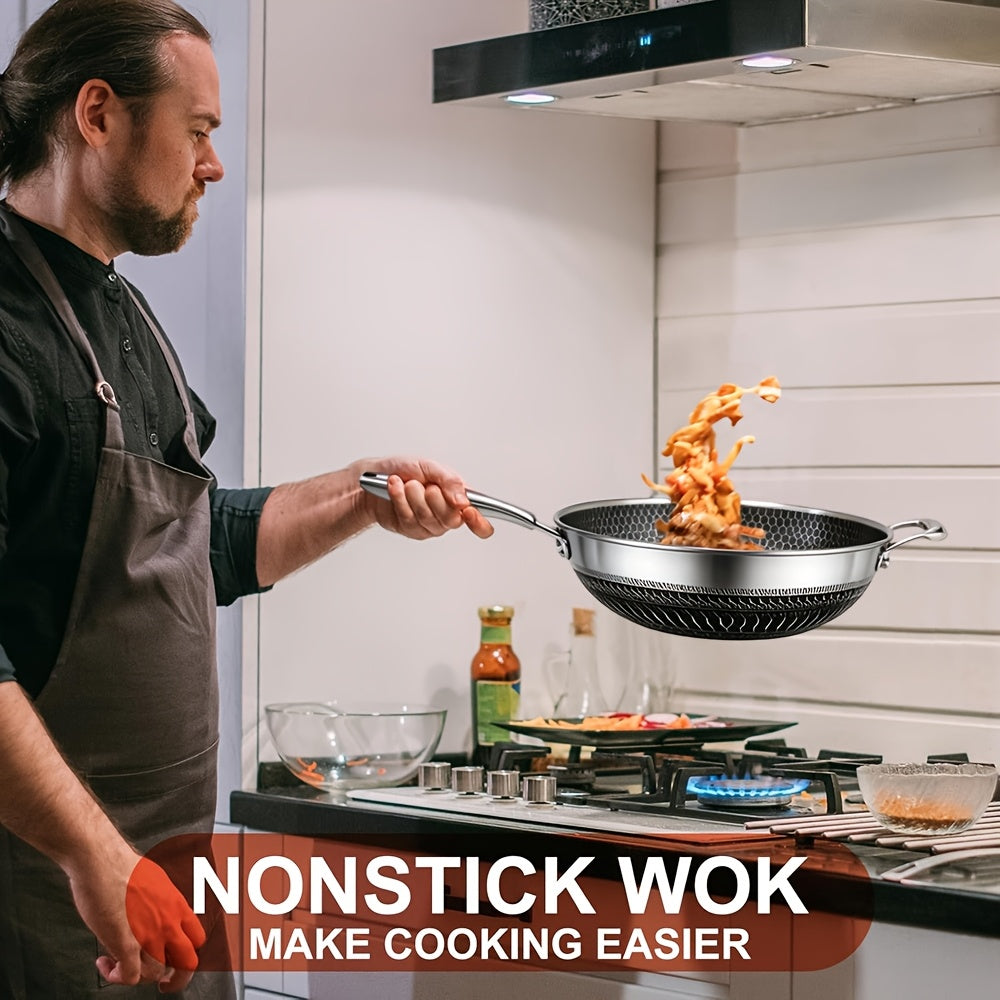 13.3-Inch Tri-Ply Stainless Steel Non-Stick Wok with Lid And 2pcs Cookware Additions, Honeycomb Design, Home Cooking Pan, Suitable for All Stoves, Kitchen Utensils, Kitchen Tools, Kitchen Accessory, Kitchen Supplies Camping