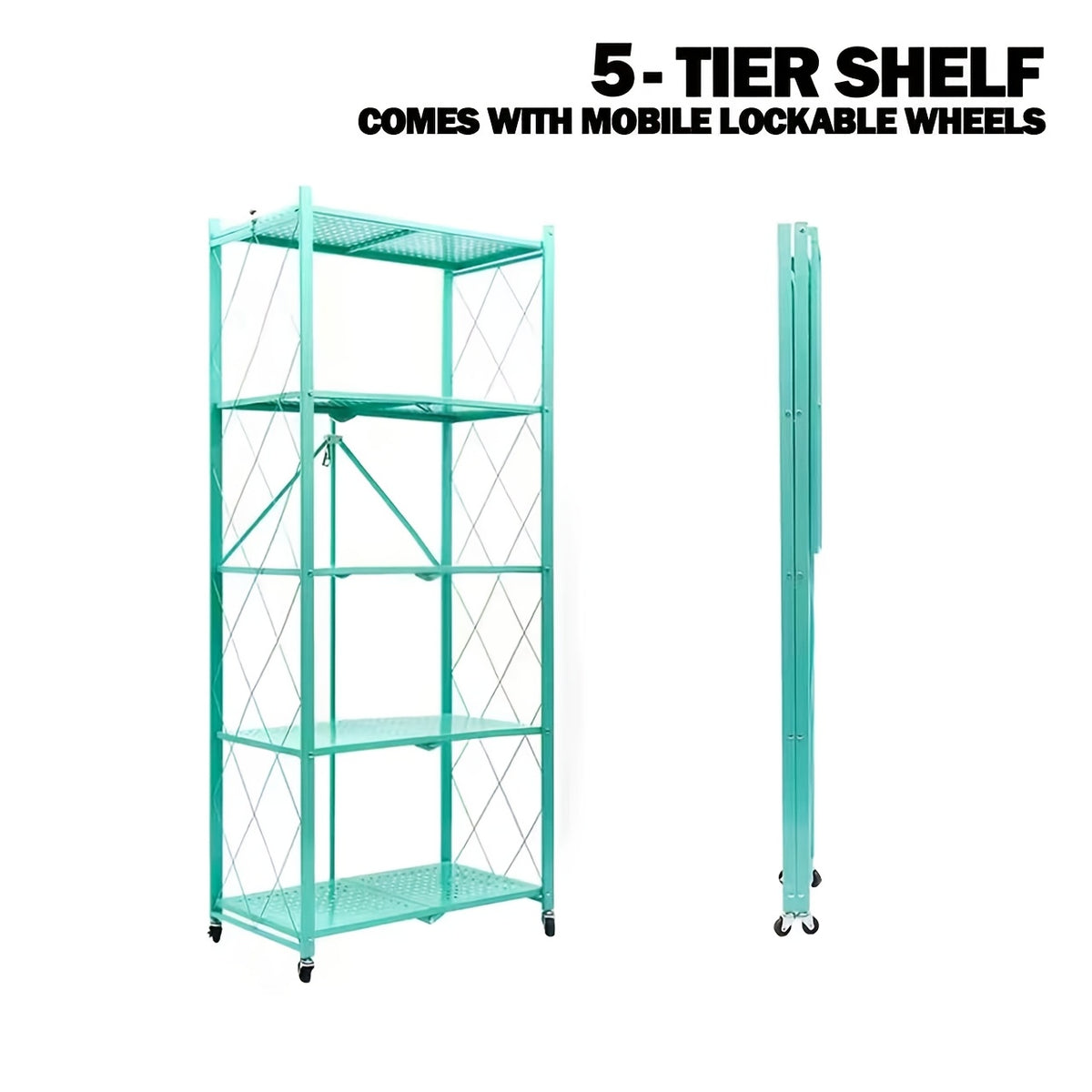 3/4/5- Tier Movable Vertical Multi-Functional Storage Racks, Portable Metal Folding Storage Racks with Locking Wheels, Large - Capacity Kitchenware Storage Racks That Require No Installation. Suitable for Families, College Dormitories