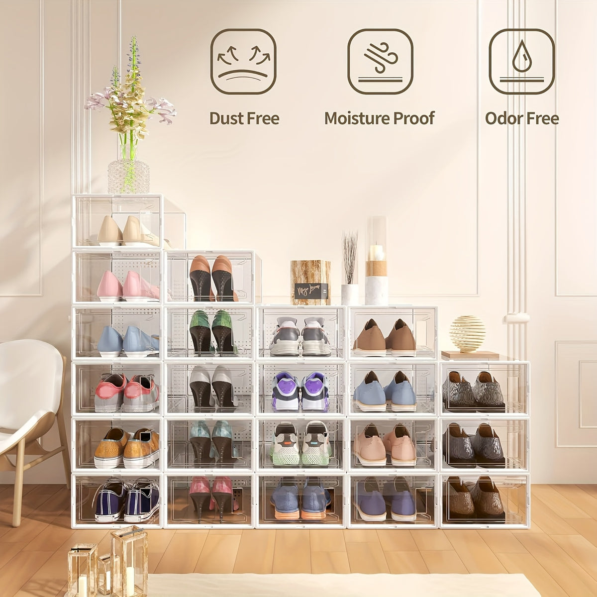 12 Pack XX Large Shoe Organizer Storage Boxes for Closet, Modular Space Saving Shoe Boxes Clear Plastic Stackable Sneaker Containers Display Case with Lids, Black02
