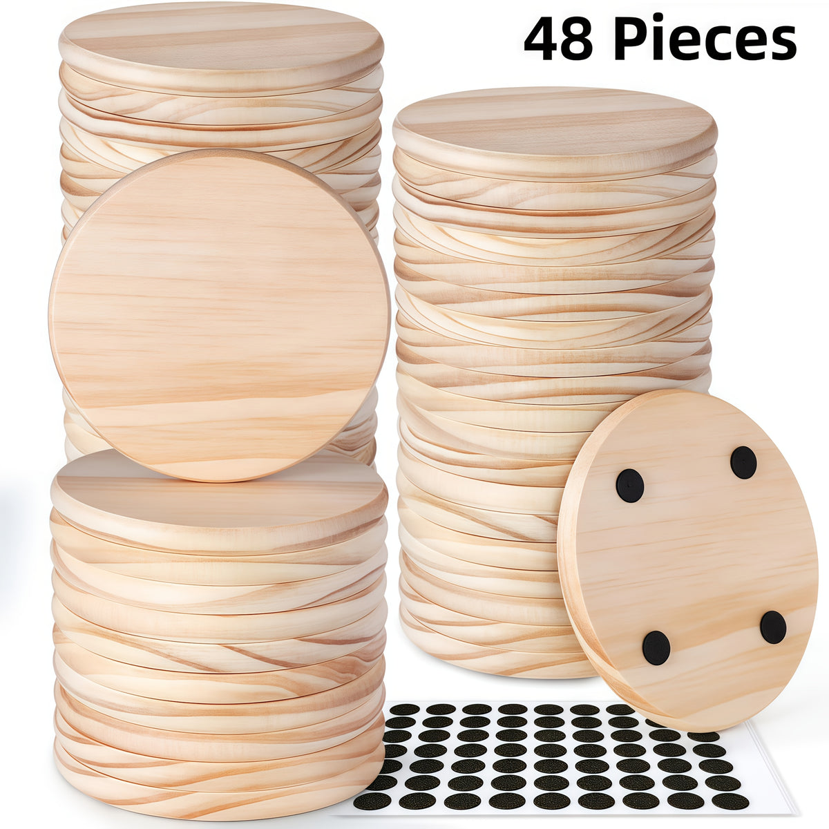 24/48/96pieces Unfinished Wood Coaster Blanks(4 Inch Square & Round) With Non-Slip Foam Stickers - Craft Supplies For Painting, Engraving, Burning & Decor - Ideal Handmade Gifts & Home Decor For Christmas Halloween Easter, Mother'S Day Craft Gift