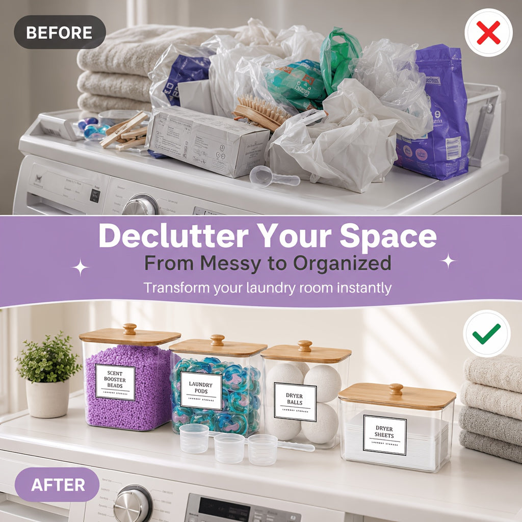 2/3/4+1 Pack Laundry Organization And Storage And Dryer Sheet Holder Set, Clear Laundry Room Organization Containers with Bamboo Lids And Labels, Laundry Pods Holder for Scent Booster, Powder, Pod