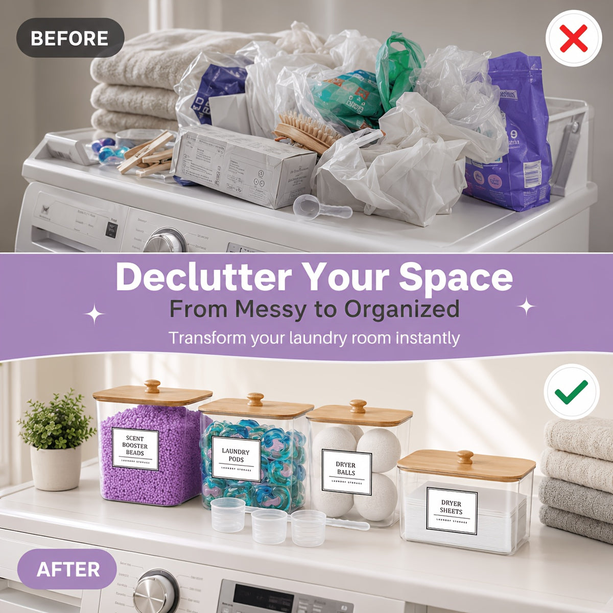 2/3/4+1 Pack Laundry Organization And Storage And Dryer Sheet Holder Set, Clear Laundry Room Organization Containers with Bamboo Lids And Labels, Laundry Pods Holder for Scent Booster, Powder, Pod