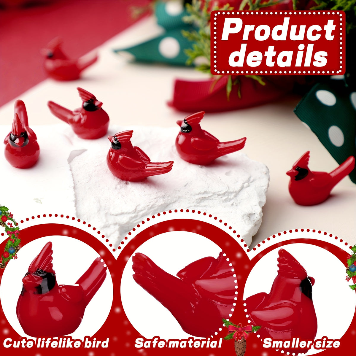 50pcs Mini Resin Red Cardinal Bird Figurines Suitable for Christmas Ornaments, Cake Toppers, Miniature Garden Decorations - Tiny Realistic Cardinals for Xmas Crafts, Table Centerpieces, Wreaths, Tree Decor - Resin Craft Figures, Christmas Decor