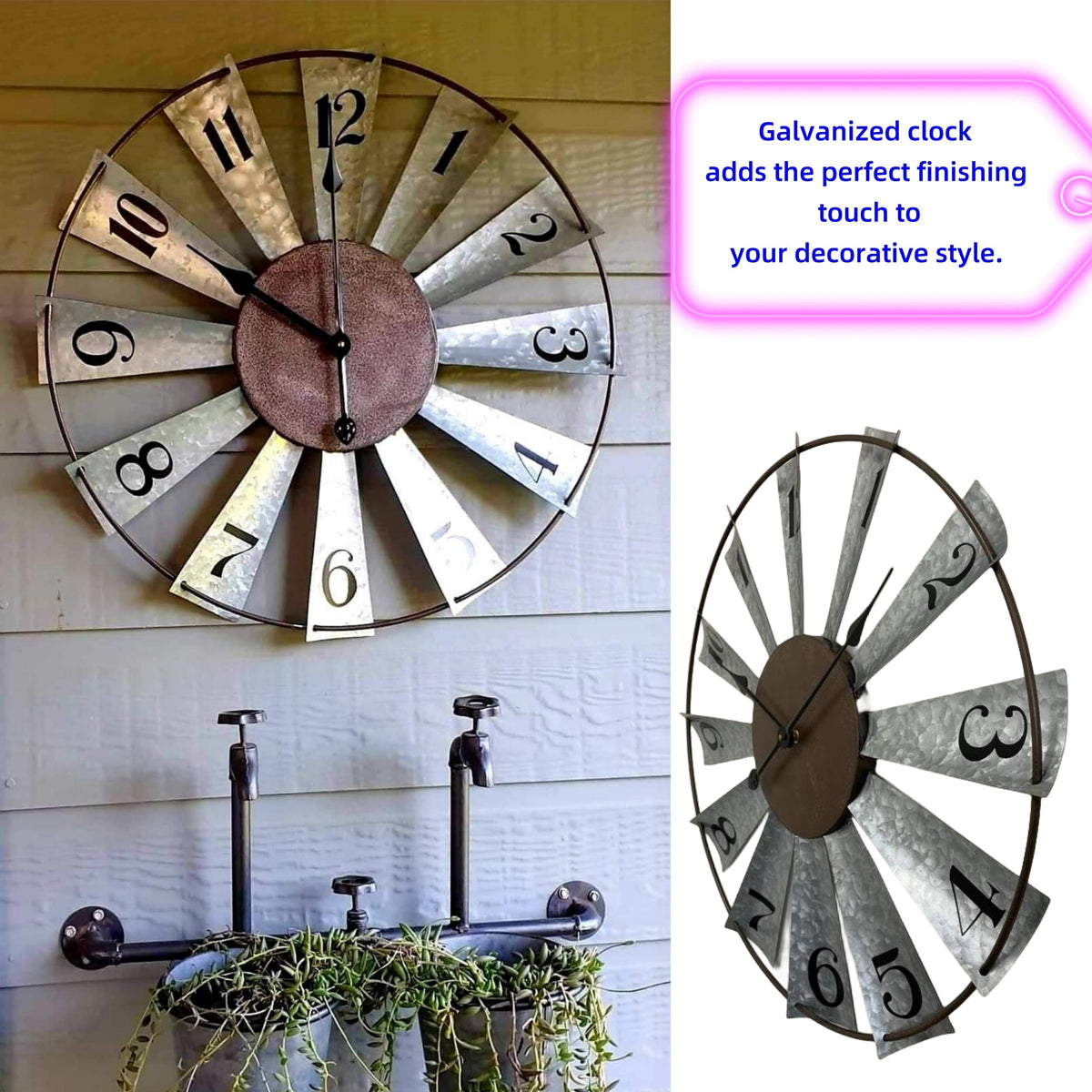 24 Inch Large Modern Farmhouse Clock, Vintage Analog Clock 3D Windmill Blades, Galvanized Metal Art Room Wall Decor Clocks Battery Operated, Quiet Mechanical, Home Decoration for Living Room, Kitchen, Dining Room, Bedroom, Porch, Front Door