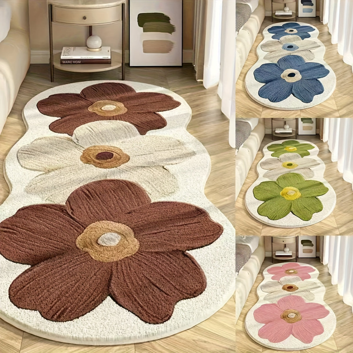 Floral Plush Runner Rug, 10mm Thick Soft Machine Washable Floor Mat with Non-Slip Backing for Bedroom Bedside, Living Room and Hallway Decor