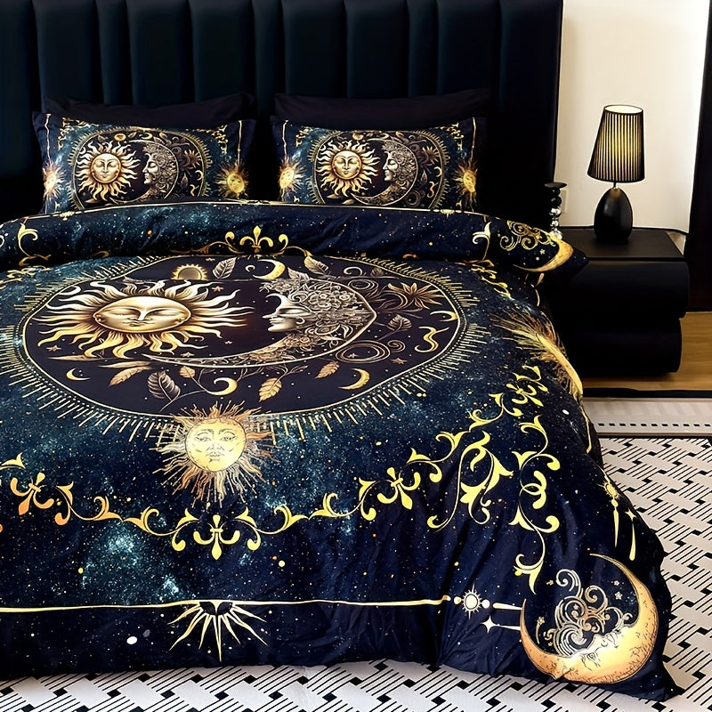 3-Piece Ultra-Soft Breathable Golden Sun Moon Planet Duvet Cover Set (1 Duvet Cover + 2 Pillowcases, Pillow Inserts Not Included), High-Definition Digital Print for Home and Dormitory Use