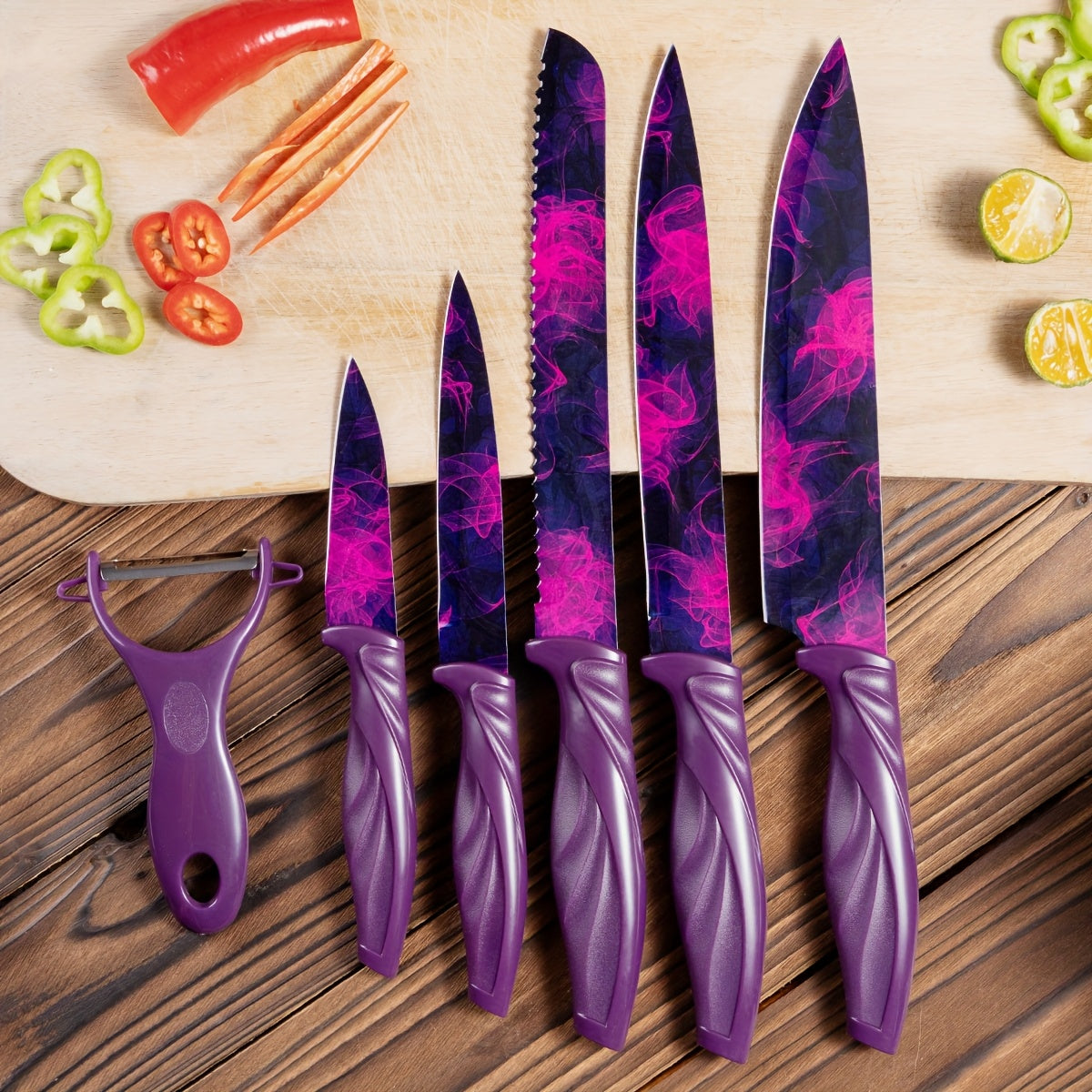 6pcs High-carbon Stainless Steel Sharp Kitchen Knife Set, Kitchen Knife Set And Block Chef Knife, Bread Knife, Scissors, Sharpening Knife, Kitchen Essentials, Dishwasher Safety, Anti-slip Handle, Best Gift for Halloween And Christmas