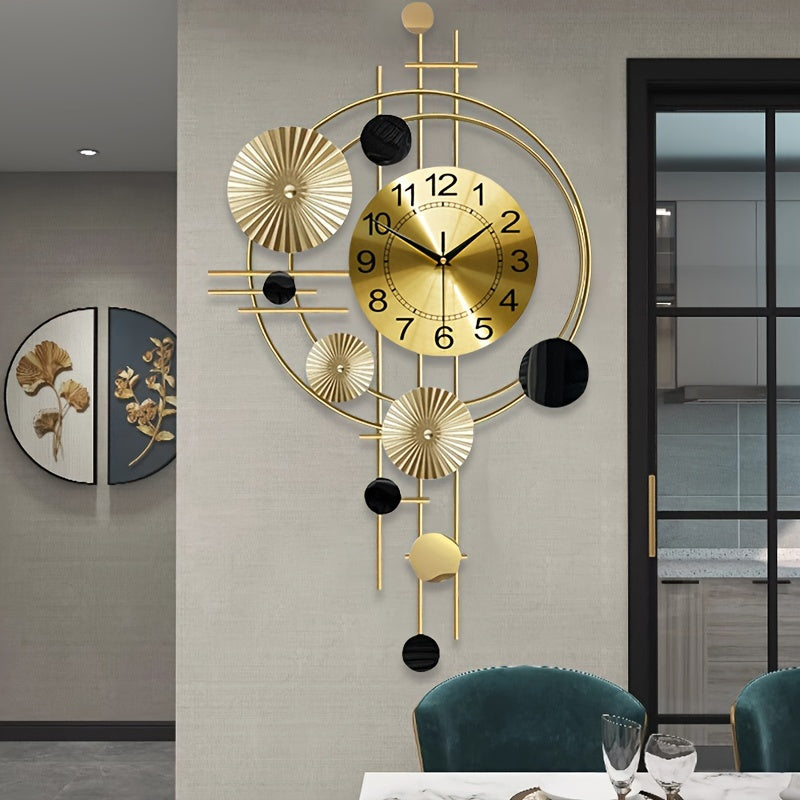 Nordic Decorative Wall Clock, Gold and Black Metal Geometric Wall Art with Analog Numbered Dial and Silent Design for Living Room and Bedroom