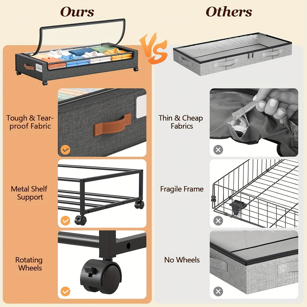 2-Pack Wheeled Under Bed Storage Box, Under Bed Storage Box, Under Bed Shoe Rack Organizer, Metal Drawer Under Wheel Bed for Clothes, Blankets, Shoes,, Books, Bedding, Under-Bed Storage
