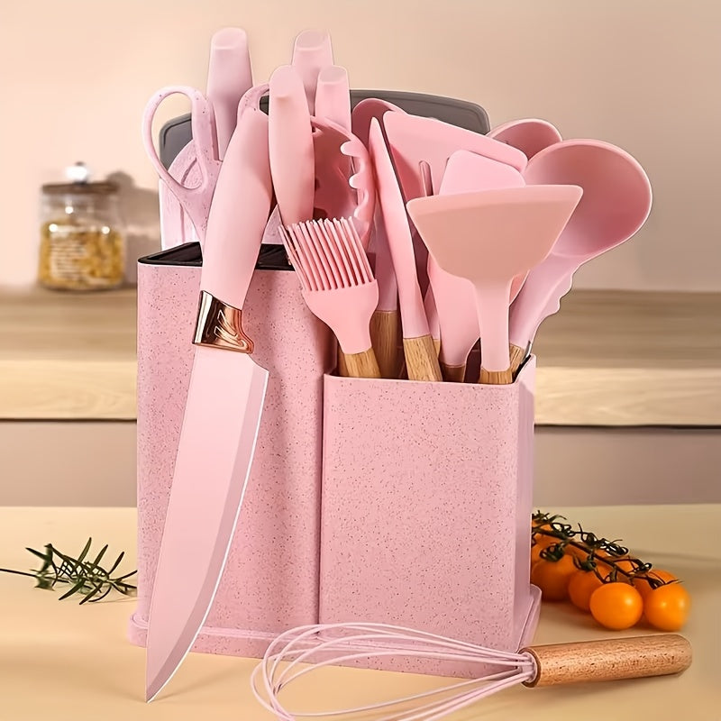 19pcs Non-Stick Silicone Cookware Set with Bamboo Storage Containers And Knives - Heat-Resistant Pots, Pans, Utensils - Kitchen Tools for Frying, Boiling - for Induction Stovetops And Ovens (Wooden Handle)
