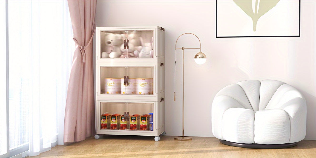 (19.29inch/29.53inch) White Foldable Storage Cabinet with Lid And Stackable Wheels - Clothes And Bedding. Space-Saving Wardrobe for Snacks And - Durable Organizer, Perfect for Bedrooms And Game Rooms, 2/3/4/5 Packs, Etc