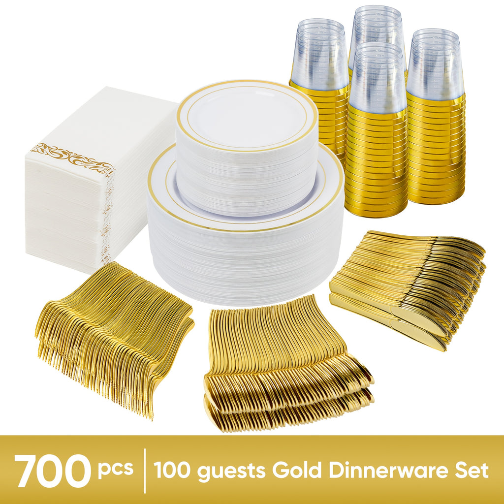 Set of 350/700 Golden/Silver Disposable Plates for 50/100 Guests, Disposable Plastic Plates for Parties, Wedding, Graduation, Birthday, Dinnerware Set of Dinner Plates, Salad Plates, Cutlery, Cups And Napkins