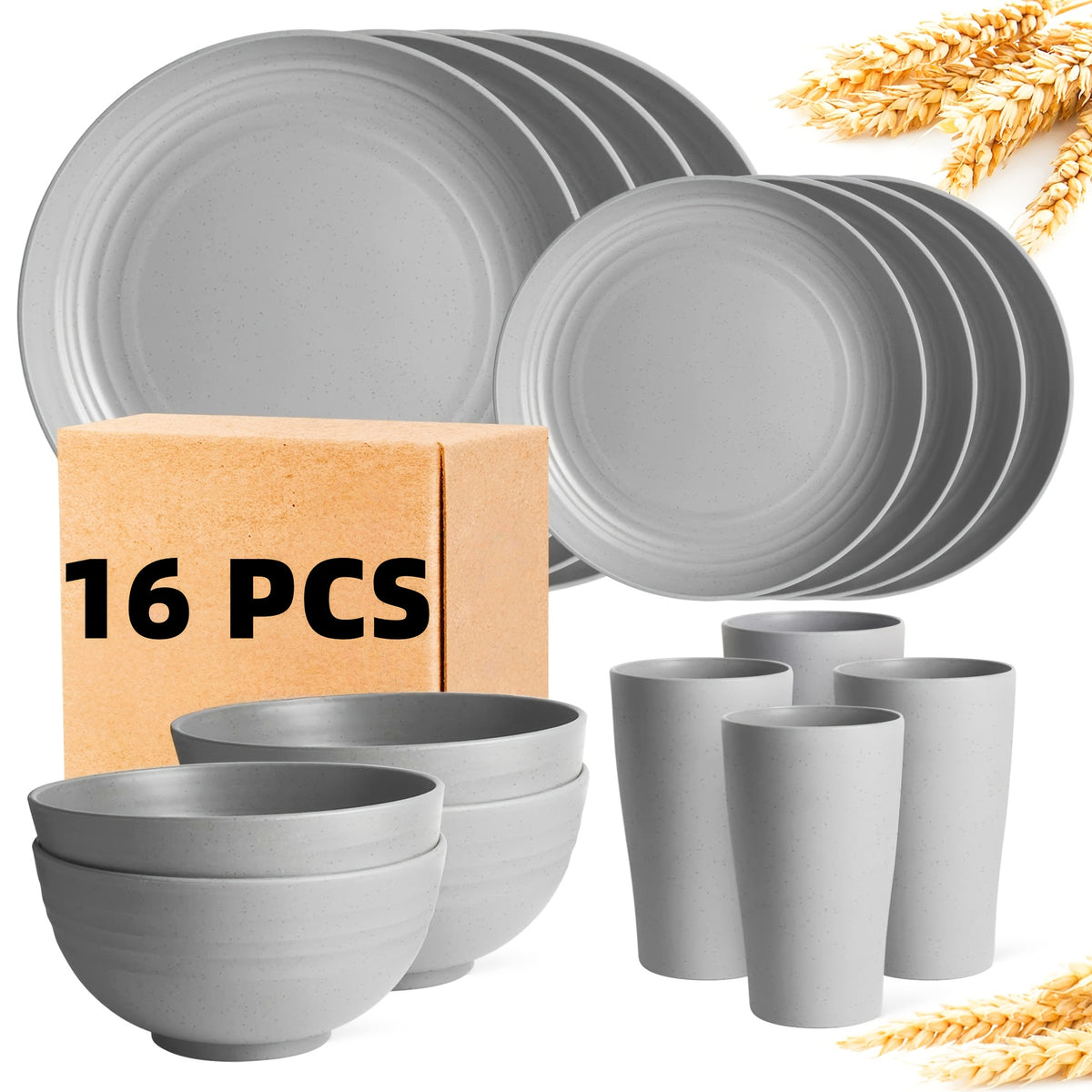 16pcs/32pcs Kitchen Wheat Straw Large Size Dinnerware Set, for 4/8, Unbreakable Modern Dish Set Dinner Plate/Dessert Plate/Cereal Bowl/Cup, Dishwasher Safe, Lightweight Tableware, Camping And Everyday Use, Gifts for Men/Women/Christmas/Halloween